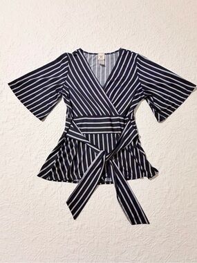 Wrapper | Women’s Small | Navy Striped Wrap Tie Bell Sleeve Top | Made In USA